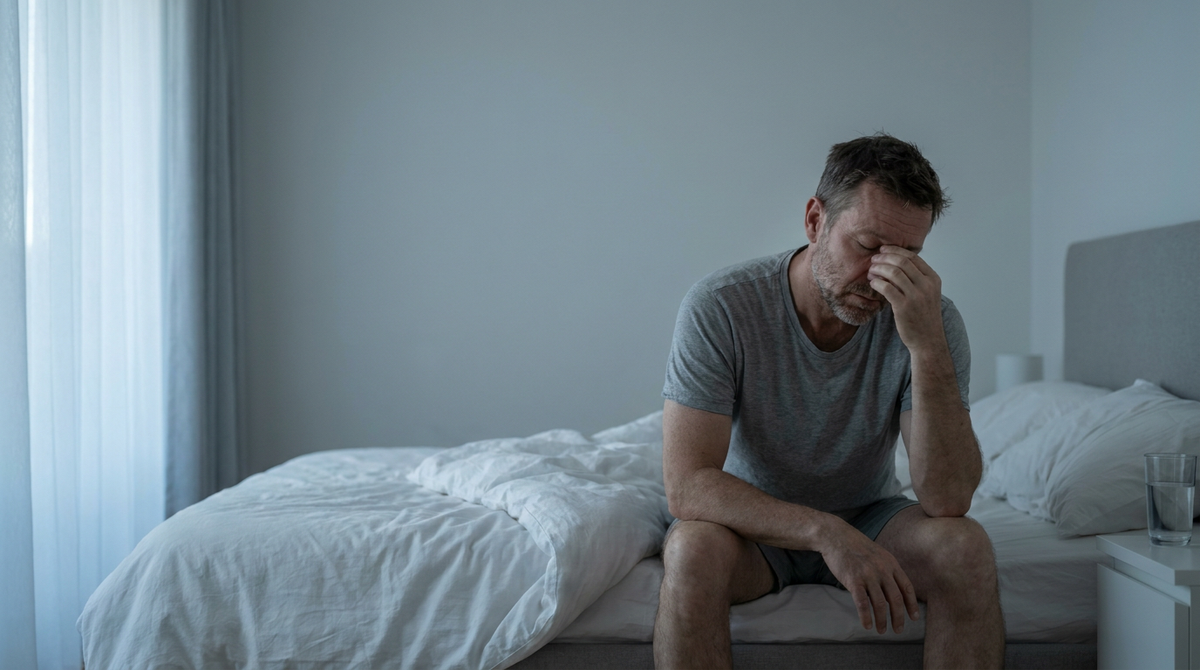 Tired man sitting on the edge of his bed after eight hours of sleep